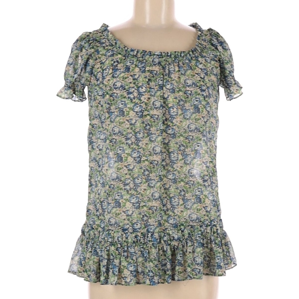 Decree Spring Summer Blue & Green Ruffle Hem Floral Chiffon Short Sleeves Top S